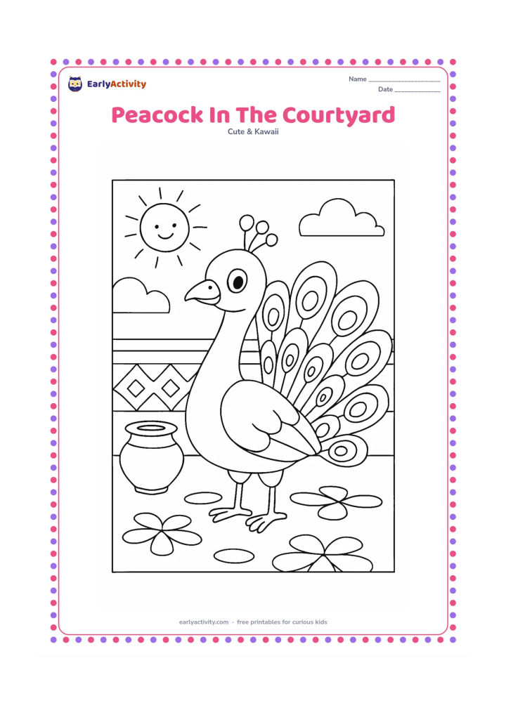 Colouring page: A friendly peacock stands with its tail partly fanned in a sunny courtyard. Include a clay pot, a low patterned wall and a few broad floor motifs without letters or symbols.