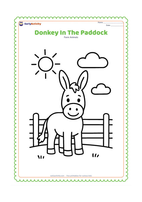 Colouring page: A happy donkey stands in a small paddock with a low fence, a sun, and two broad clouds. The donkey faces forward with its long ears raised and all four hooves visible.
