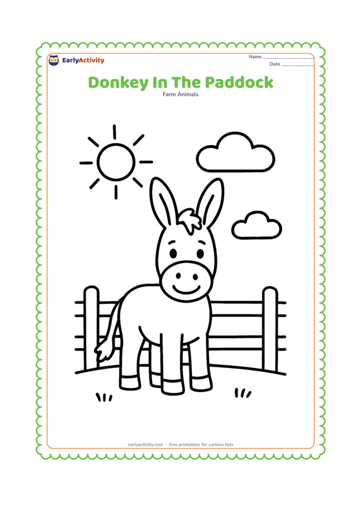 Colouring page: A happy donkey stands in a small paddock with a low fence, a sun, and two broad clouds. The donkey faces forward with its long ears raised and all four hooves visible.