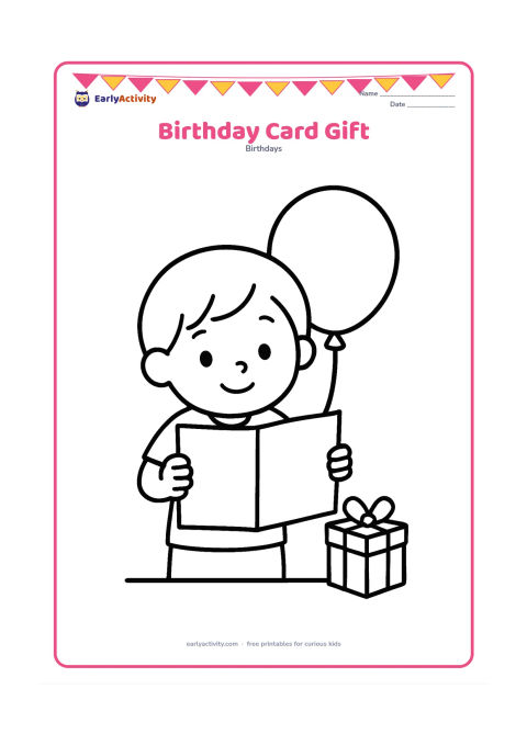 Colouring page: A child offers a large blank folded card with both hands while a small wrapped present rests nearby. Add one oversized balloon behind the child.