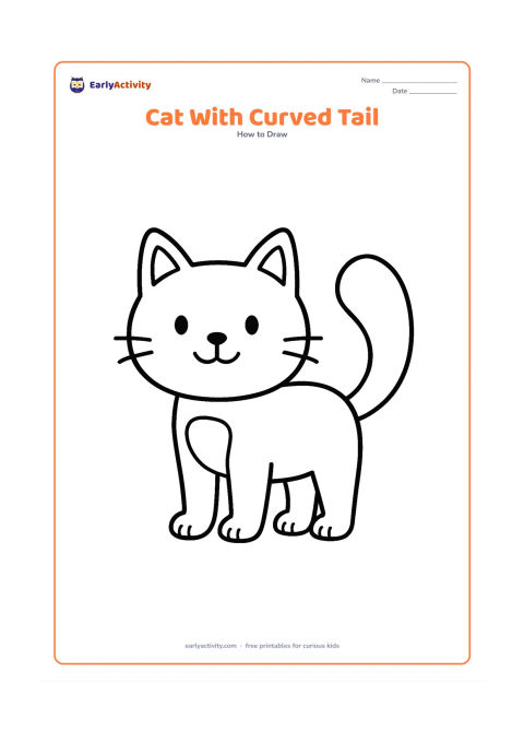 Worksheet: Draw a simple standing cat with a large head, upright ears, four short legs, and a tail making one big friendly curve behind its body. Add a small patch on the chest.