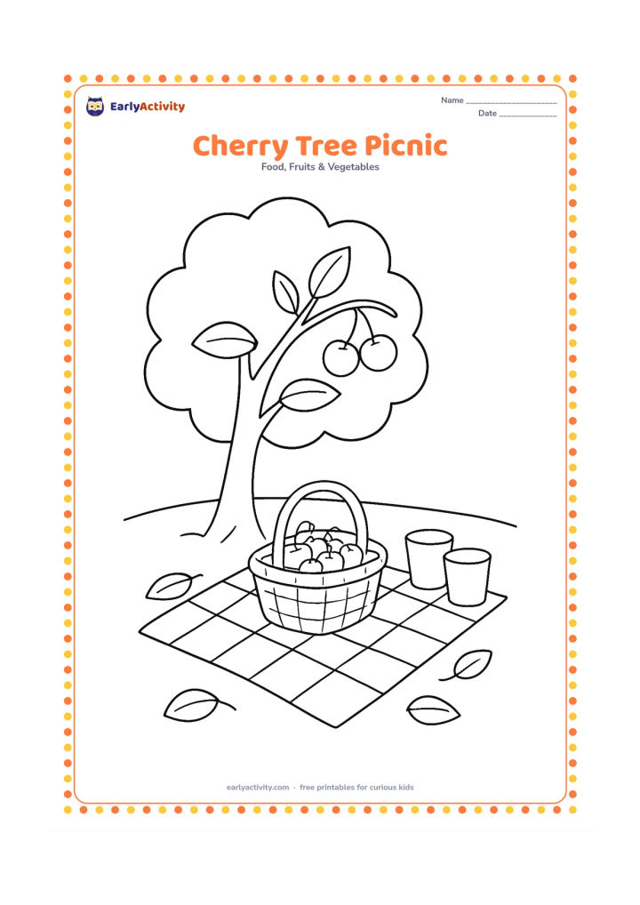 Colouring page: Draw a picnic cloth beneath a cherry tree, with a basket of cherries, two cups and a few fallen leaves nearby.