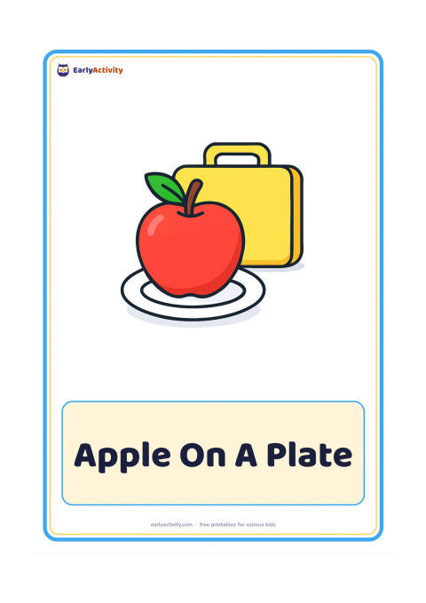 Flashcard: Draw one large round apple on a simple plate, with a single leaf and a small lunchbox behind it. Keep the composition centred and easy to recognise.
