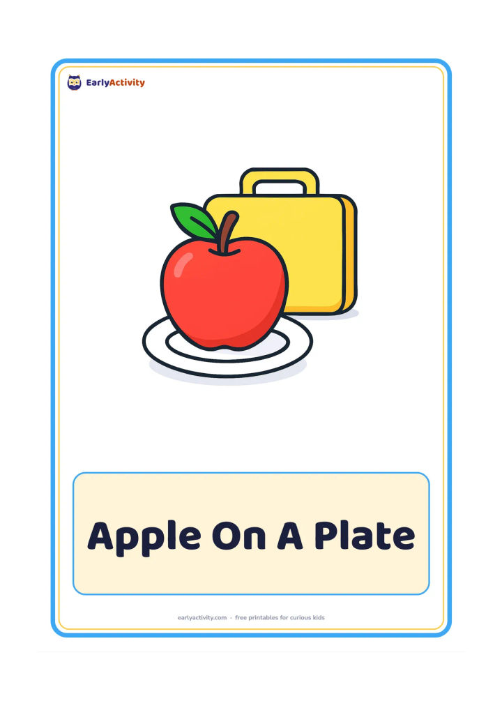 Flashcard: Draw one large round apple on a simple plate, with a single leaf and a small lunchbox behind it. Keep the composition centred and easy to recognise.