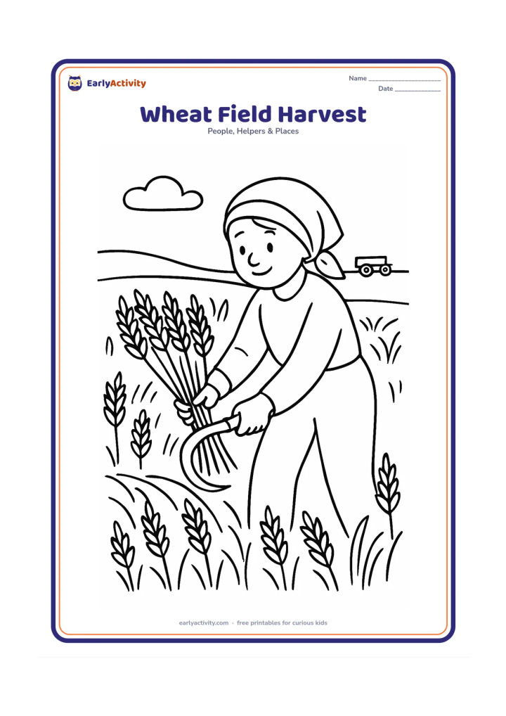 Colouring page: A farmer uses a sickle to gather tall wheat stalks into a bundle. Include several curved rows of wheat, a cloth head covering, and a distant cart.