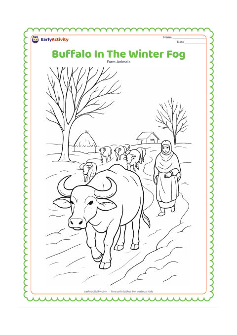 Colouring page: Draw a buffalo herd moving slowly along a misty winter farm path, with the nearest buffalo detailed and the others smaller in the background. Include a farmer with a shawl, bare trees,…