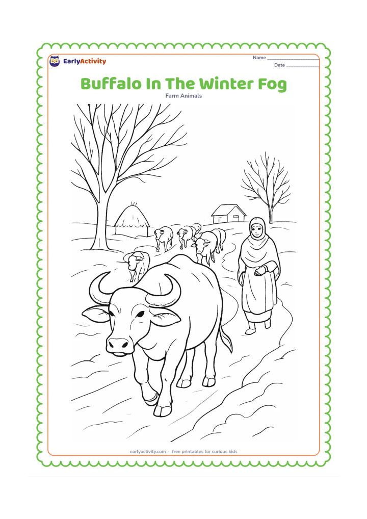 Colouring page: Draw a buffalo herd moving slowly along a misty winter farm path, with the nearest buffalo detailed and the others smaller in the background. Include a farmer with a shawl, bare trees,…