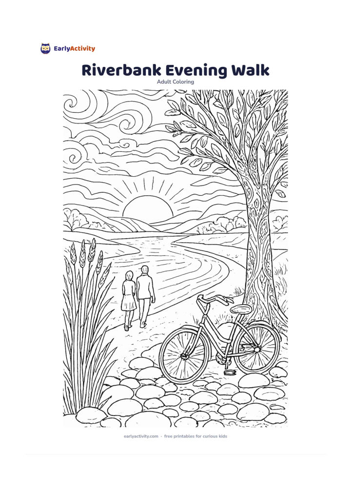 Colouring page: A broad riverbank at evening, with two adults walking beside reeds, a bicycle leaning against a tree, smooth stones, distant hills and a glowing sunset sky. Let the river curve from the…