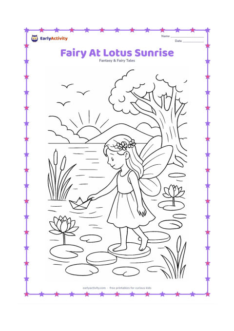 Colouring page: At sunrise, a fairy stands on stepping stones beside a lotus pond and releases a small paper-like leaf boat onto the water. Include lotus blossoms, reeds, a banyan tree, distant hills…