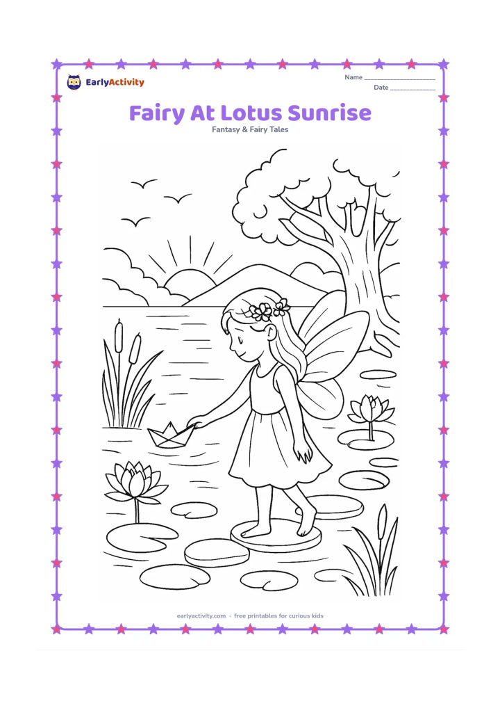 Colouring page: At sunrise, a fairy stands on stepping stones beside a lotus pond and releases a small paper-like leaf boat onto the water. Include lotus blossoms, reeds, a banyan tree, distant hills…