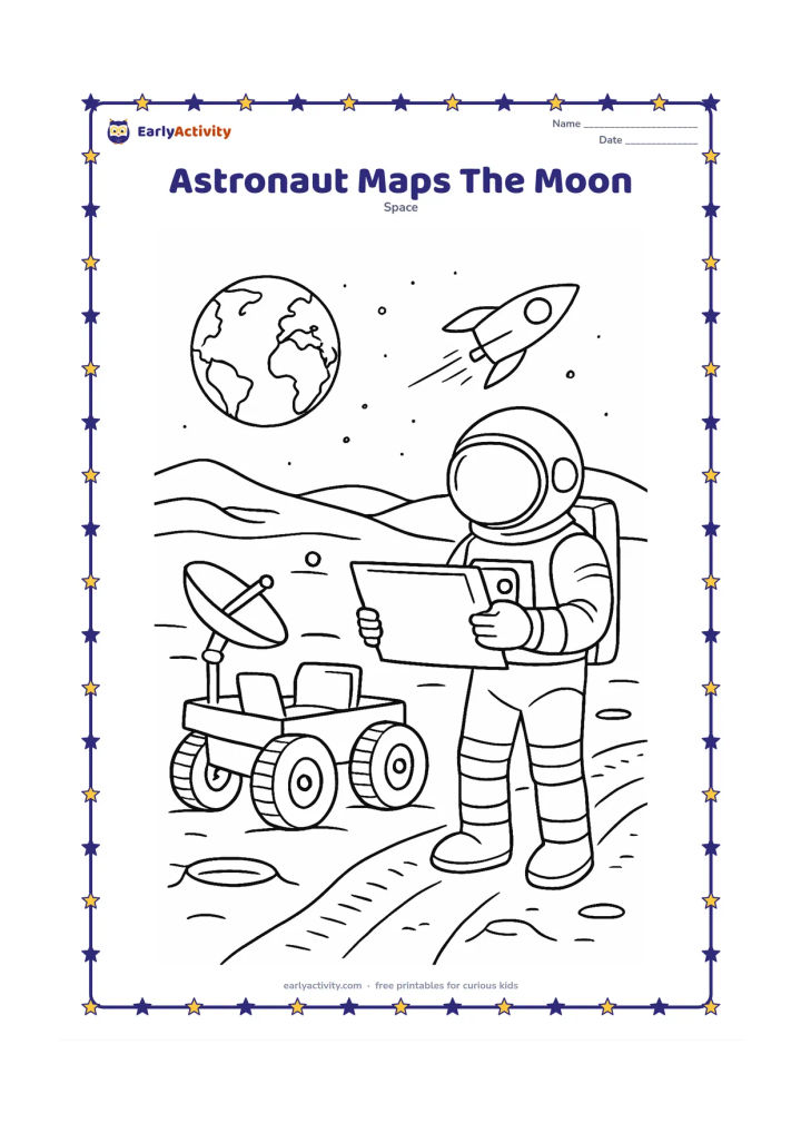 Colouring page: Draw an astronaut standing beside a rover on a broad lunar plain, studying a blank rectangular map board. Include a dish antenna, tire tracks, layered craters, Earth and a distant…