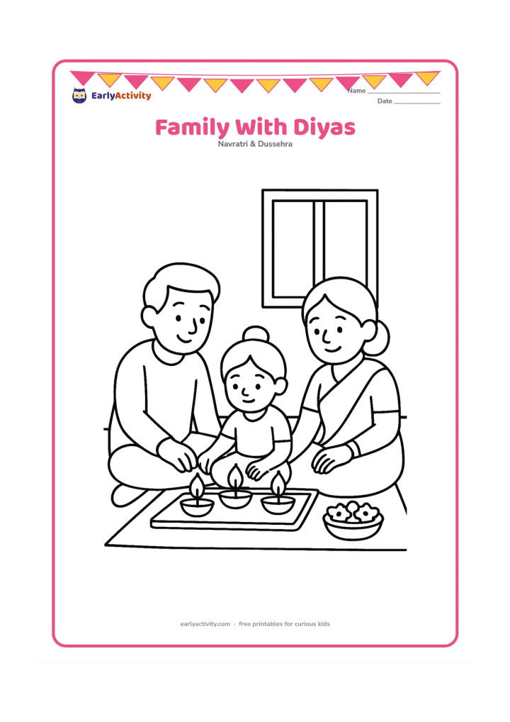 Colouring page: Two adults and one child sit together placing three diyas on a low tray at home, with a small flower bowl beside them. Show a simple room with a mat and one window.
