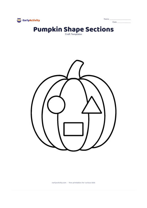 Worksheet: A single pumpkin is divided into large rounded sections containing simple circles, triangles, and rectangles as separate decoration areas. Keep the shapes spacious and balanced inside…