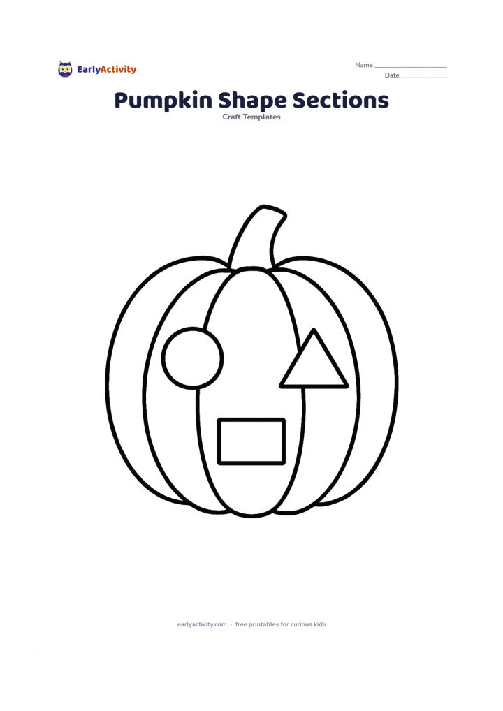 Worksheet: A single pumpkin is divided into large rounded sections containing simple circles, triangles, and rectangles as separate decoration areas. Keep the shapes spacious and balanced inside…