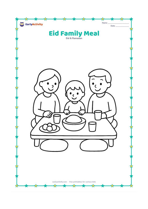 Colouring page: Three family members sit around a low table with a large serving dish, cups and fruit, with cushions behind them. Show a cheerful home meal from a simple front view.