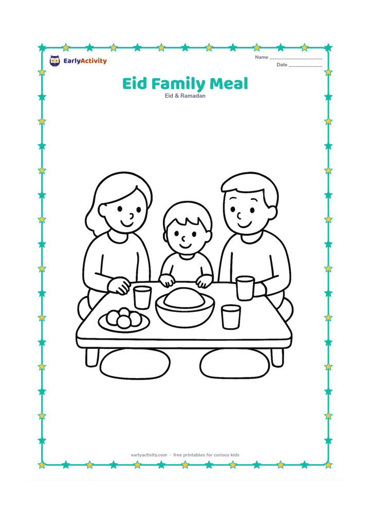 Colouring page: Three family members sit around a low table with a large serving dish, cups and fruit, with cushions behind them. Show a cheerful home meal from a simple front view.