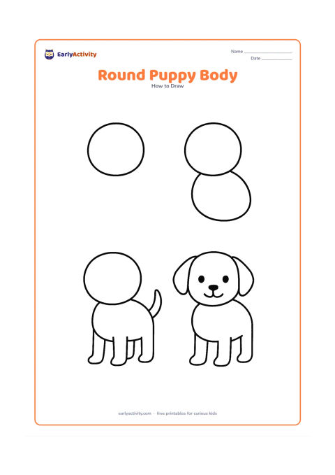 Worksheet: Show a puppy built from a round head, oval body, four simple legs and a curved tail across blank, unlabeled stages. The final puppy stands facing forward with a friendly smile.