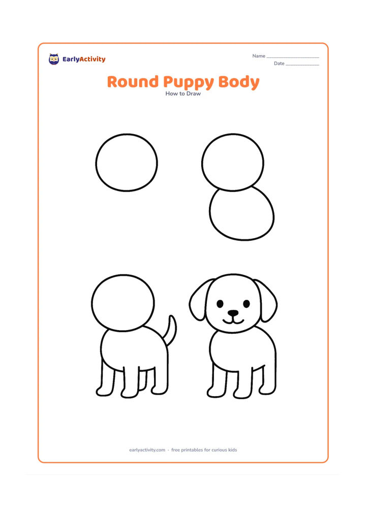 Worksheet: Show a puppy built from a round head, oval body, four simple legs and a curved tail across blank, unlabeled stages. The final puppy stands facing forward with a friendly smile.
