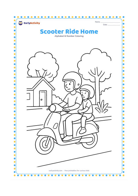 Colouring page: An adult wearing a helmet rides a simple scooter along a quiet Indian neighbourhood lane, with a child passenger wearing a helmet, a small house, trees and a roadside plant. Leave the…