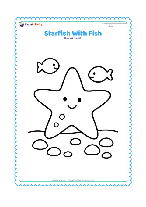 Colouring page: Draw a large starfish on the seabed with two small, friendly fish swimming nearby and a few rounded pebbles.