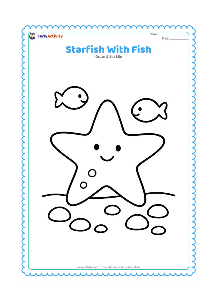 Colouring page: Draw a large starfish on the seabed with two small, friendly fish swimming nearby and a few rounded pebbles.