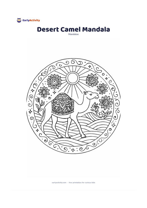 Colouring page: Create a circular mandala with a calm decorated camel walking through dunes at the centre, surrounded by desert flowers, sun rays, patterned saddle shapes and curling dune lines. Arrange…