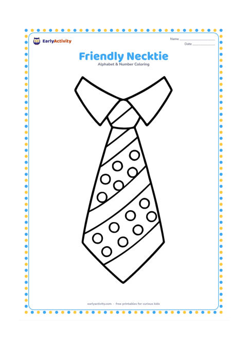 Colouring page: Draw one large patterned necktie hanging straight down from a simple shirt collar. Use only broad stripes, dots, or plain sections without any symbols.