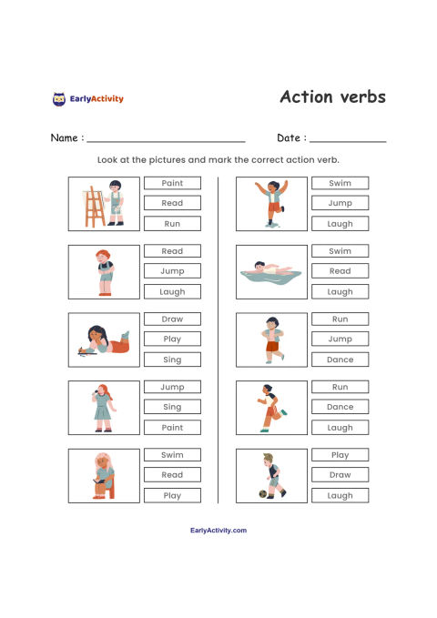 Worksheet with ten pictures of children doing different activities, each beside three choices for the correct action verb.