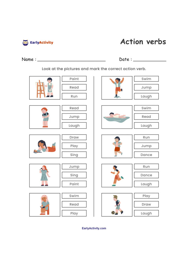 Worksheet with ten pictures of children doing different activities, each beside three choices for the correct action verb.