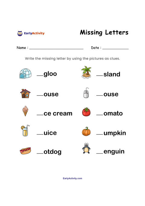 Worksheet showing ten picture clues and words with missing first letters, including igloo, island, house, mouse, ice cream, tomato, juice, pumpkin, hot dog and penguin.