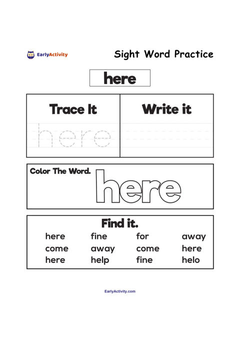Sight word worksheet for “here” with tracing, writing, colouring, and word-finding activities.