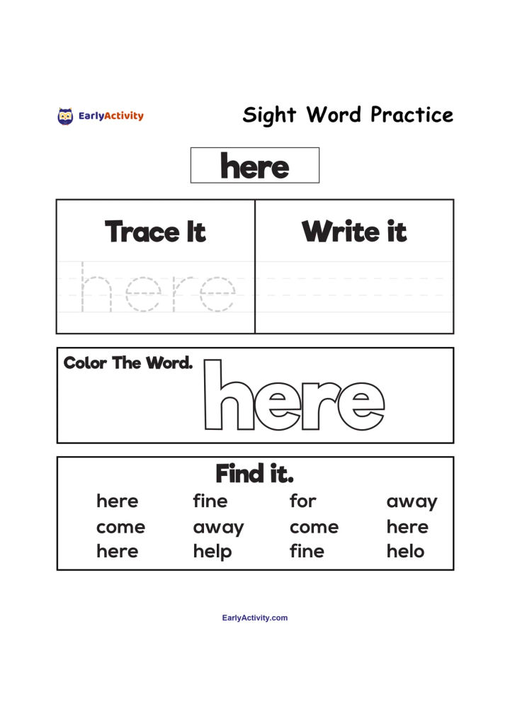 Sight word worksheet for “here” with tracing, writing, colouring, and word-finding activities.