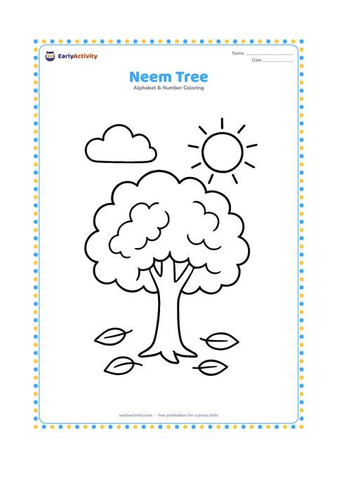 Colouring page: Draw a small neem tree with a rounded leafy crown, a sturdy trunk, and a few fallen leaves on the ground. Add a simple sunny sky with one cloud.