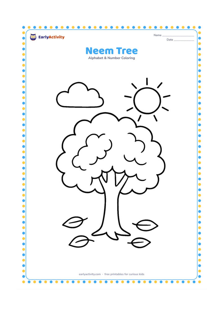 Colouring page: Draw a small neem tree with a rounded leafy crown, a sturdy trunk, and a few fallen leaves on the ground. Add a simple sunny sky with one cloud.