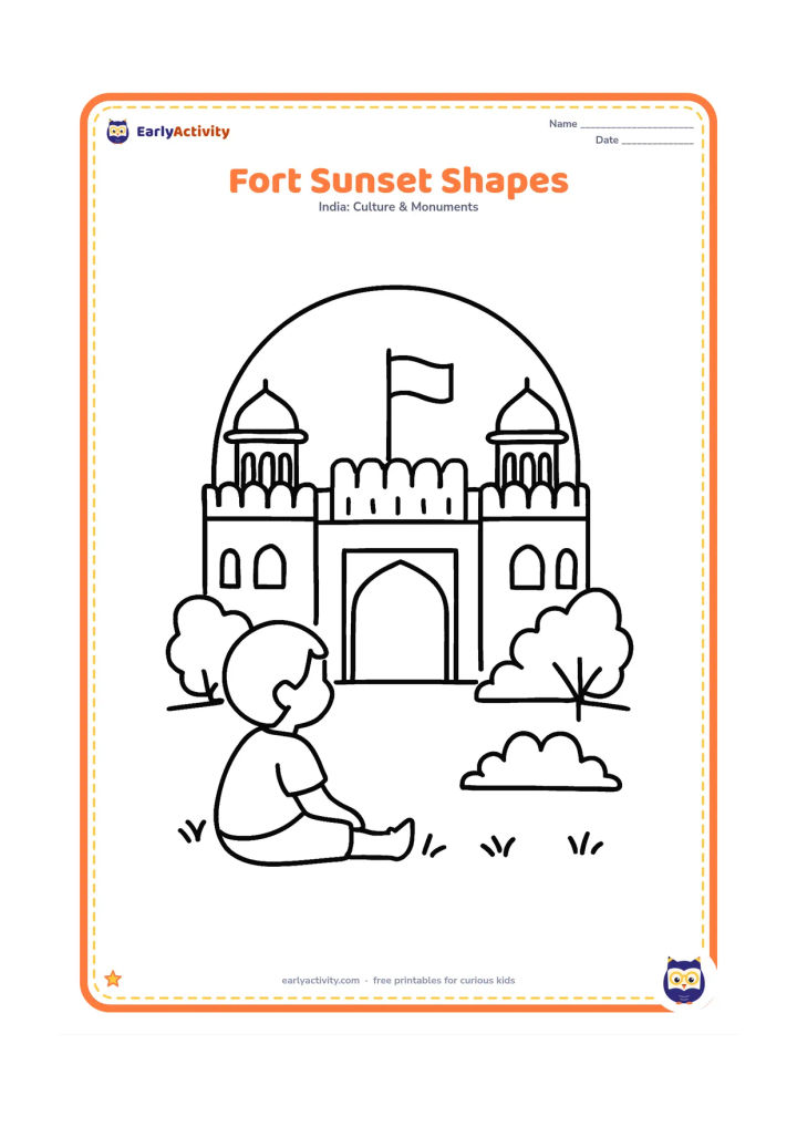 Colouring page: Show a simple silhouette-like Red Fort with a large arched gate, two domes and a flag against a wide setting sun. Add a few low trees and a child sitting on the grass.