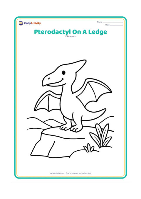 Colouring page: Draw a smiling pterodactyl standing on a broad, low rocky ledge with a few simple plants beside it and soft hills in the distance. Show the full body in a clear side view.