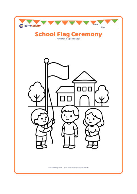 Colouring page: Draw two children standing respectfully beside a flagpole in a school courtyard while another child raises the flag rope. Include a simple school building, doorway and three trees…