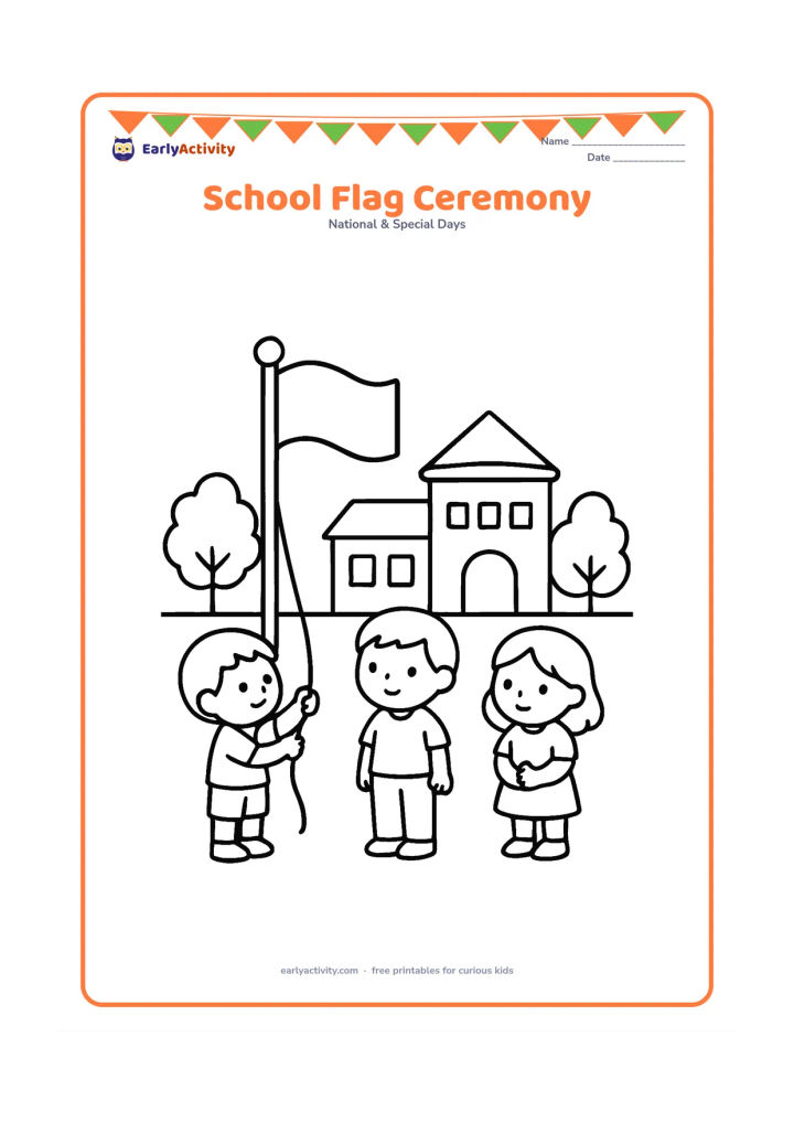 Colouring page: Draw two children standing respectfully beside a flagpole in a school courtyard while another child raises the flag rope. Include a simple school building, doorway and three trees…