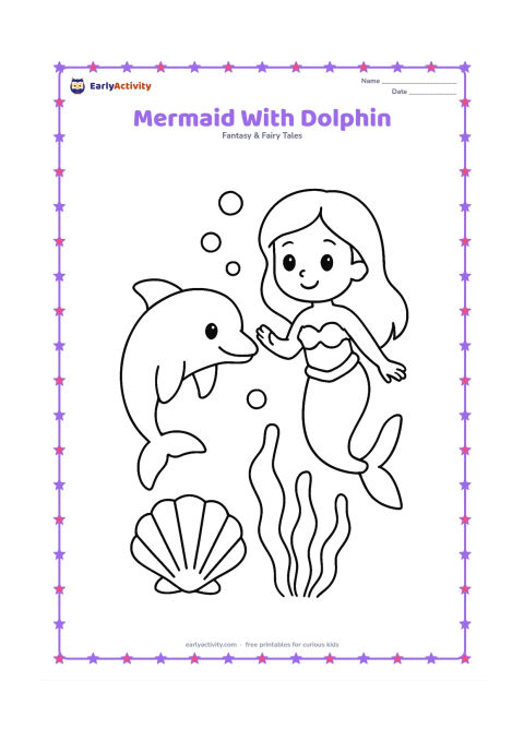 Colouring page: A mermaid gently reaches toward a friendly dolphin swimming beside her. Add a large sunken shell, a few bubbles and three broad sea plants below.