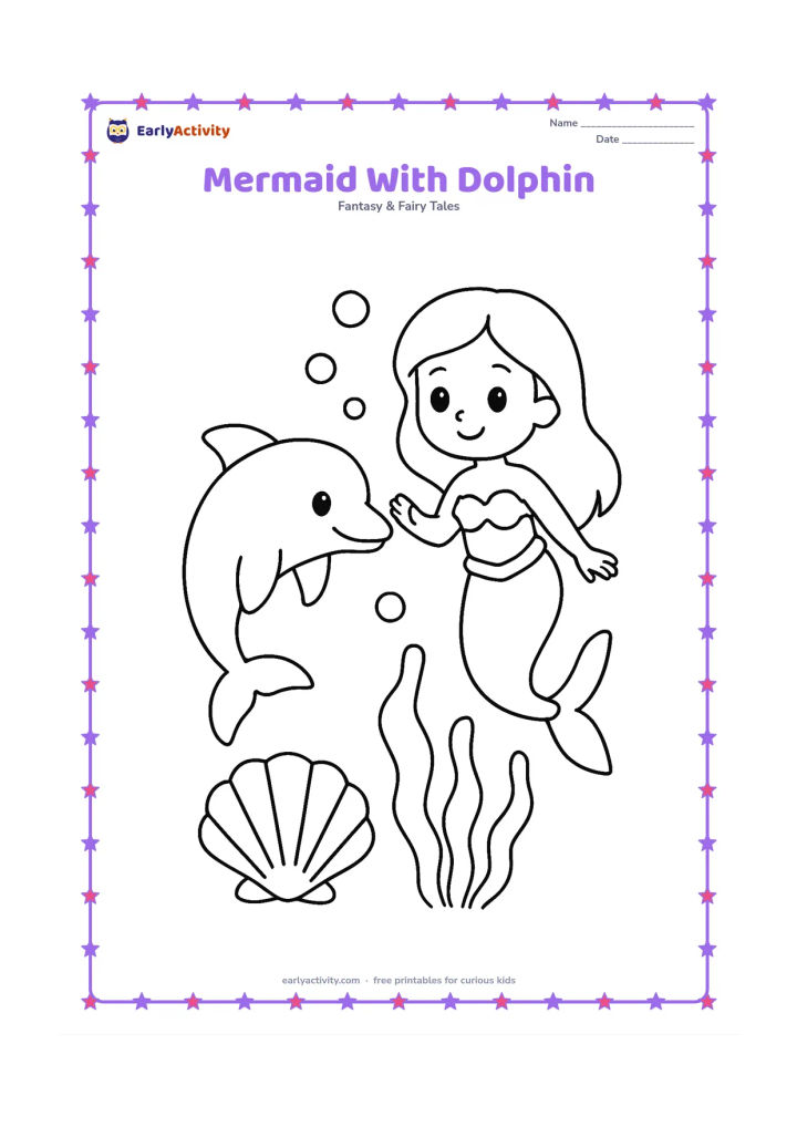 Colouring page: A mermaid gently reaches toward a friendly dolphin swimming beside her. Add a large sunken shell, a few bubbles and three broad sea plants below.