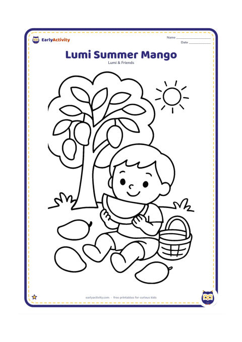 Colouring page: Lumi sits under a leafy mango tree and holds a large mango slice, with two fallen mangoes and a simple woven basket nearby. Show a sunny summer garden with broad leaves.