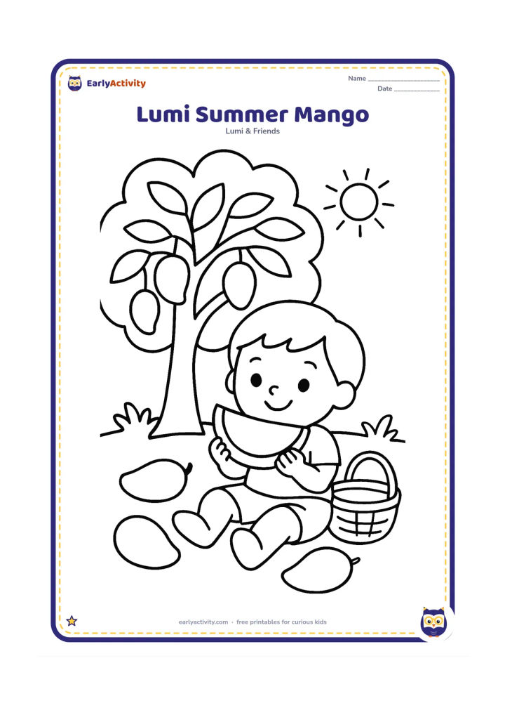 Colouring page: Lumi sits under a leafy mango tree and holds a large mango slice, with two fallen mangoes and a simple woven basket nearby. Show a sunny summer garden with broad leaves.