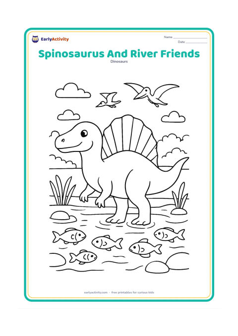 Colouring page: A Spinosaurus stands peacefully in a shallow river while several fish swim around its legs and a few small flying reptiles pass above the bank. Add reeds, rounded rocks and a distant…