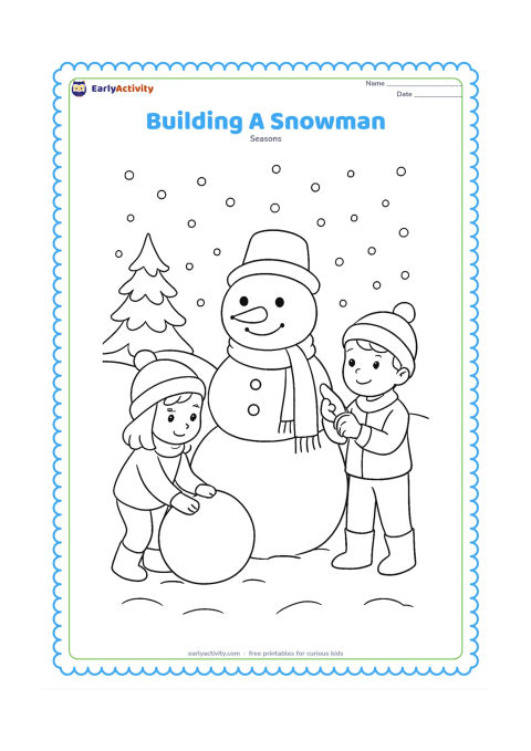 Colouring page: Two children work together beside a three-ball snowman: one rolls a snowball while the other holds a carrot and scarf. Add a low snowy hill, a pine tree and falling snow.