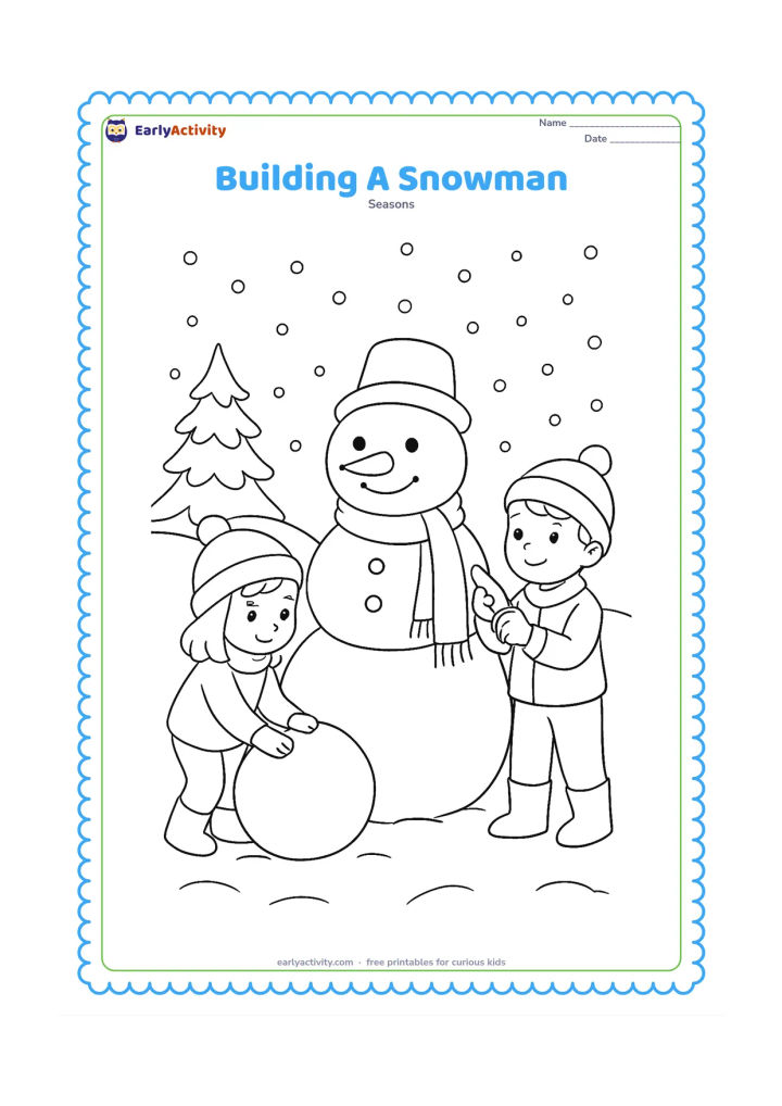 Colouring page: Two children work together beside a three-ball snowman: one rolls a snowball while the other holds a carrot and scarf. Add a low snowy hill, a pine tree and falling snow.