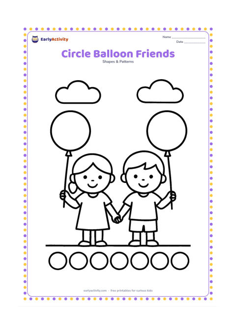 Colouring page: Draw two children holding large round balloons, with simple circular faces, rectangular clothes, and oval clouds above them. Add a row of big circles along the ground as a repeating pattern.