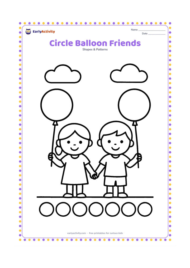Colouring page: Draw two children holding large round balloons, with simple circular faces, rectangular clothes, and oval clouds above them. Add a row of big circles along the ground as a repeating pattern.