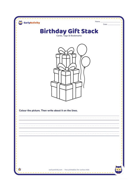 Worksheet: Draw three large gift boxes stacked safely, each with a wide ribbon and oversized bow. Add two large balloons beside the stack and leave the box surfaces open for colouring.