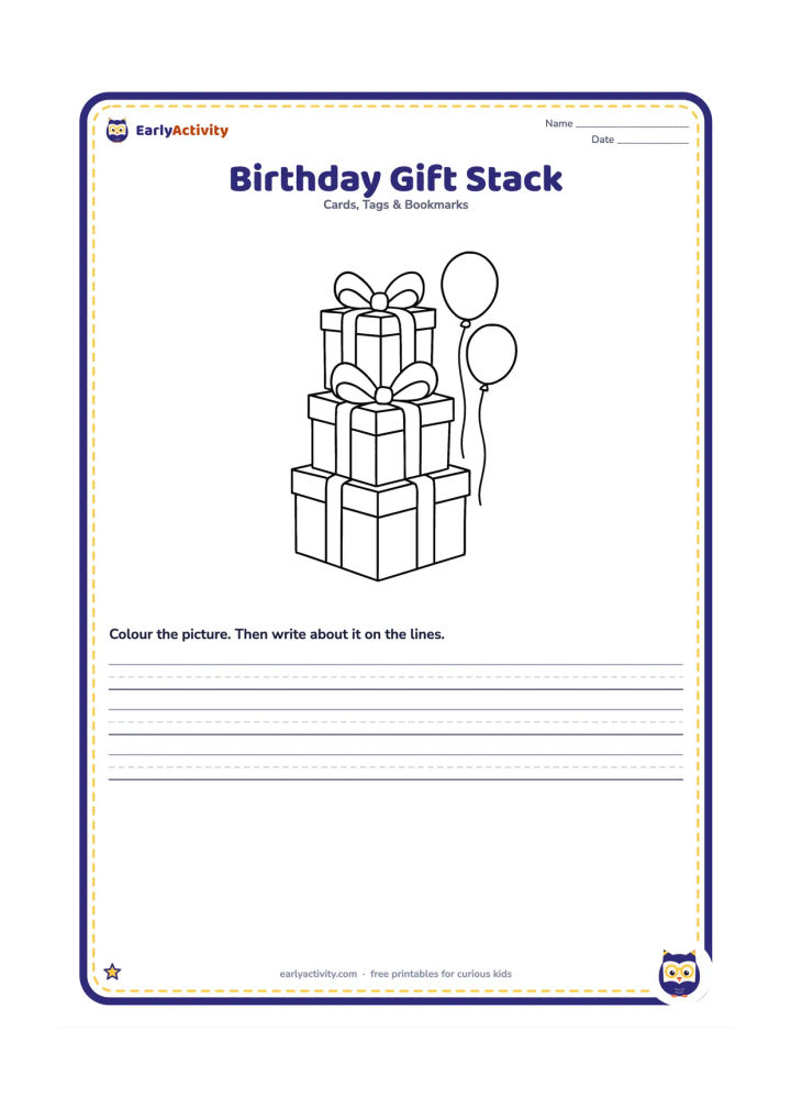 Worksheet: Draw three large gift boxes stacked safely, each with a wide ribbon and oversized bow. Add two large balloons beside the stack and leave the box surfaces open for colouring.