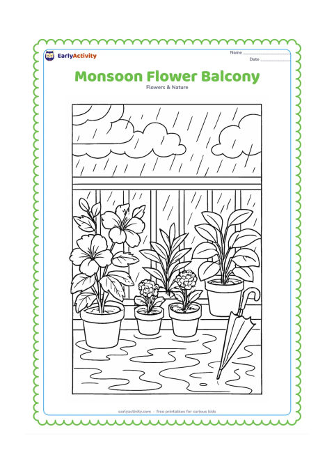Colouring page: Draw a detailed apartment balcony garden during a monsoon shower, with potted hibiscus, marigolds and leafy plants, a covered railing, a small umbrella leaning nearby and rain clouds…